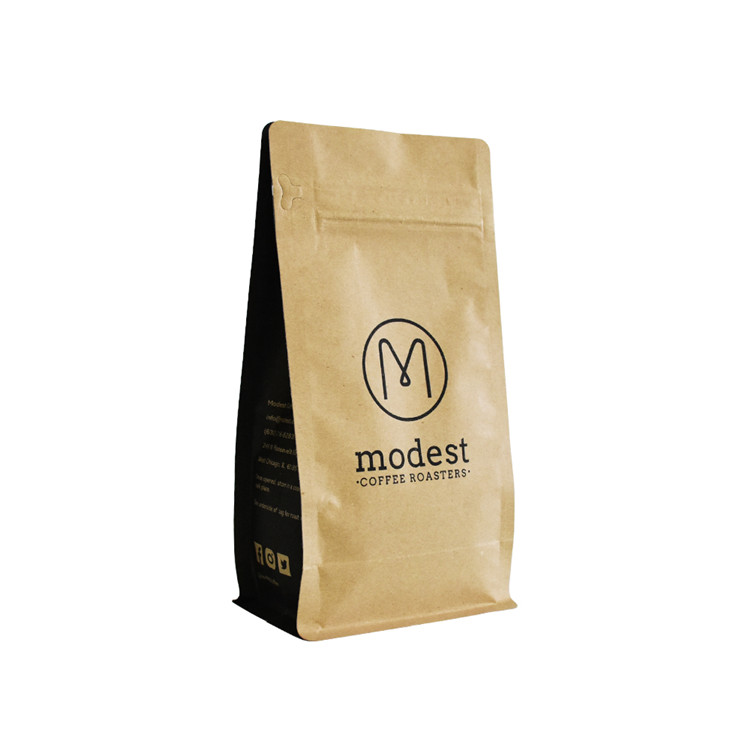 Custom Printed Flat Bottom Printed Coffee Bags Custom Kraft Paper Coffee Bag With Valve