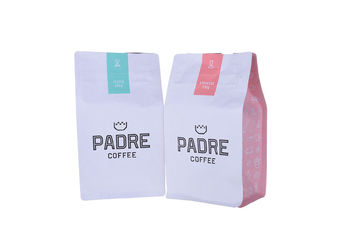 Custom Logo Printed Square Bottom Kraft Paper Matte White Coffee Bags